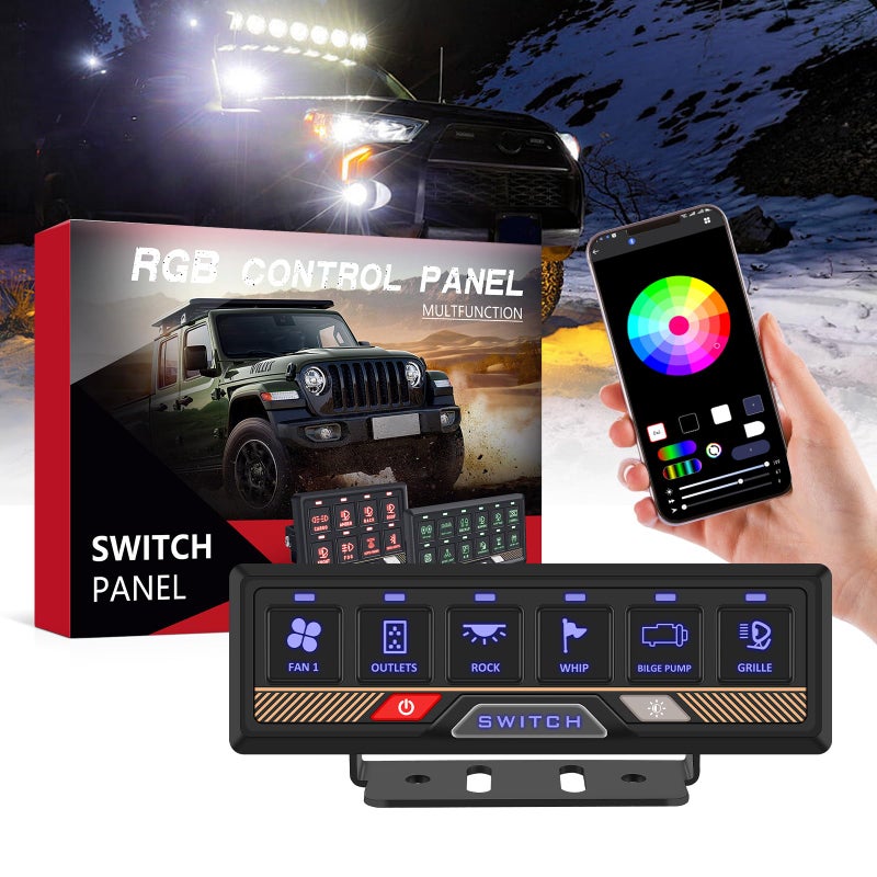 Chelhead Bluetooth Switch Panel 12V Universal 6 Gang Switch Box Works with Android Auto  App RGB Keypad Programmable Modes for Led Pods Whip Lights Electronic Accessories for UTV Trucks